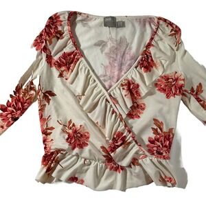 ASOS Design Floral Crop Top V-Neck‎ Long Sleeved Ruffle Wrap Front Size 4 J56
